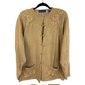 Vintage Y2K Karen Scott Tan Floral Embroidered Cardigan Sweater Size 2X